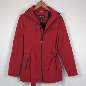 LONDON FOG Women's Red Belted Zip Jacket Detachable Hood Fleece Lining
